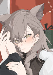 Rule 34 | 1girl, 1other, absurdres, adesu (gekkahyouzin), animal ears, arknights, black nails, black sweater, blush, brown hair, christmas, christmas present, extra ears, gift, hand on another&#039;s cheek, hand on another&#039;s face, highres, looking at viewer, mole above eye, official alternate costume, penance (arknights), penance (occasionally flushed) (arknights), portrait, pov, pov hands, ribbed sweater, smile, solo focus, sweater, wolf ears, wolf girl, yellow eyes