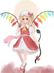 Rule 34 | 1girl, 83mkneinlsqmebq, apple, ascot, blonde hair, bow, commentary request, crystal, flandre scarlet, food, fruit, hat, hat bow, highres, holding, holding food, holding fruit, holding weapon, laevatein (touhou), long hair, looking at viewer, mob cap, multicolored wings, one side up, open mouth, puffy short sleeves, puffy sleeves, red apple, red bow, red eyes, red vest, short sleeves, side ponytail, skirt, smile, solo, touhou, vest, weapon, white hat, wings