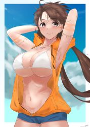 Rule 34 | 1girl, absurdres, armpits, arms behind head, arms up, bare shoulders, beads, bikini, bikini top only, blue shorts, blue sky, border, breasts, brown eyes, brown hair, cleavage, collarbone, contemporary, day, denim, denim shorts, drawstring, facial mark, fate/grand order, fate (series), forehead, forehead mark, highres, himiko (fate), himiko (tour outfit) (fate), hood, hooded vest, hoodie, kasumi saika, large breasts, long hair, looking at viewer, orange vest, short shorts, shorts, sky, smile, solo, swimsuit, topknot, twintails, vest, white bikini, white border, zipper