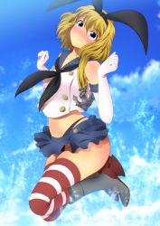 Rule 34 | 1girl, absurdres, alice margatroid, blonde hair, blue eyes, blue skirt, blush, boots, breasts, closed mouth, cosplay, day, elbow gloves, feet, gloves, highres, jumping, kantai collection, legs, looking at viewer, medium hair, midriff, panties, sailor collar, shimakaze (kancolle), shimakaze (kancolle) (cosplay), skirt, sky, small breasts, solo, striped clothes, striped thighhighs, thighhighs, thighs, touhou, underwear, water, yadokari genpachirou
