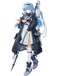Rule 34 | 1girl, absurdres, black coat, black gloves, blue hair, blue hairband, blush, boots, coat, dress, full body, gloves, hairband, highres, holding, holding staff, kneehighs, long hair, long sleeves, looking at viewer, open clothes, open coat, open mouth, original, puffy long sleeves, puffy sleeves, shichigatsu, socks, solo, staff, white background, white dress, white socks, yellow eyes
