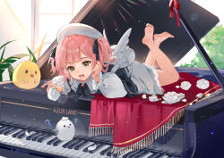Rule 34 | 1girl, artistic error, azur lane, backpack, bag, barefoot, commentary, dress, feet up, grand piano, green eyes, highres, instrument, long sleeves, lying, manjuu (azur lane), on stomach, open mouth, piano, pink hair, pompeo magno (azur lane), puffy long sleeves, puffy sleeves, rero (bigdoorbig2), short hair, soles, solo, teeth, toes, twintails, upper teeth only, white bag, white dress, white headwear