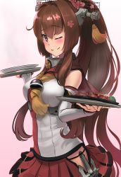 Rule 34 | 10s, 1girl, ao iro, bare shoulders, breasts, brown eyes, brown hair, detached sleeves, flower, food, hair flower, hair ornament, highres, holding, holding plate, kantai collection, large breasts, long hair, miniskirt, one eye closed, pink background, pink flower, plate, pleated skirt, ponytail, red skirt, skirt, smile, solo, steak, very long hair, yamato (kancolle)