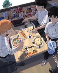 Rule 34 | 3boys, belt, black eyes, black hair, brothers, char-siu, chopped spring onion, chopsticks, collared shirt, daiki (daikingairkgk), ekubo (mob psycho 100), food, highres, indoors, kageyama ritsu, kageyama shigeo, mob psycho 100, multiple boys, necktie, noodles, open mouth, orange hair, pants, pink necktie, ramen, reigen arataka, shirt, shoes, short hair, siblings, softboiled egg, soy sauce, spiked hair, spirit, white footwear, white shirt