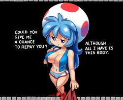 Rule 34 | 1boy, 1girl, absurdres, blue hair, blue vest, breasts, english text, genderswap, genderswap (mtf), gloves, highres, large breasts, long hair, mario, mario (series), micro shorts, minuspal, navel, nintendo, overalls, red overalls, shorts, solo focus, super mario bros. 1, toad (mario), very long hair, vest, white gloves, white shorts