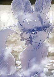 Rule 34 | 1girl, african wild dog (kemono friends), animal ears, blush, breasts, collarbone, commentary request, convenient censoring, dog ears, dog tail, greyscale, highres, kemono friends, looking at viewer, masuyama ryou, monochrome, multicolored hair, nude, onsen, partially submerged, short hair, small breasts, solo, steam, steam censor, tail, water, water drop