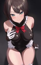 Rule 34 | 1girl, absurdres, aqua eyes, bad id, bad pixiv id, bare shoulders, black hair, black leotard, blush, bow, bowtie, breasts, closed mouth, cosplay, covered erect nipples, dead or alive, elbow gloves, frilled leotard, frills, gloves, hand on own chest, highres, hololive, impossible clothes, impossible leotard, large breasts, leotard, looking at viewer, marie rose, marie rose (cosplay), nayuyu1105, oozora subaru, red bow, red bowtie, short hair, sitting, smile, solo, thigh gap, v-shaped eyebrows, virtual youtuber, white gloves