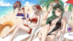 Rule 34 | 3girls, absurdres, bare arms, bare shoulders, beach, bikini, black one-piece swimsuit, blue bikini, blush, bracelet, breasts, brown hair, character request, cleavage, closed eyes, closed mouth, eyewear on head, green hair, grey hair, hair ornament, halo, highres, jewelry, large breasts, long hair, looking at viewer, multicolored hair, multiple girls, navel, ocean, one-piece swimsuit, open mouth, outdoors, palm tree, red bikini, sitting, smile, streaked hair, sunglasses, swimsuit, tacco (tikeworld), takt op., thighs, tree, water