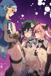 Rule 34 | 3boys, astolfo (fate), astolfo (saber) (fate), black bow, black bowtie, black gloves, black hair, black skirt, black thighhighs, blonde hair, blush, bow, bowtie, braid, bridget (guilty gear), clothes lift, clothes pull, crossover, elbow gloves, erection, fate/grand order, fate (series), flower, genshin impact, gloves, green eyes, guilty gear, guilty gear strive, habit, hair between eyes, hair bow, hair flower, hair intakes, hair ornament, hat, highres, hood, hoodie, licking lips, lifted by self, long hair, long sleeves, male focus, multiple boys, multiple penises, navel, nose blush, onigensou, open clothes, open hoodie, open mouth, penis, penis awe, pink hair, red eyes, shorts, shorts pull, skirt, skirt lift, thighhighs, tongue, tongue out, trap, twin braids, uncensored, venti (genshin impact), yaoi