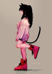 Rule 34 | 1girl, animal ears, black hair, cat ears, cat tail, female focus, from side, original, profile, sleeves past wrists, solo, standing, standing on one leg, tail, yokoshima wakaba