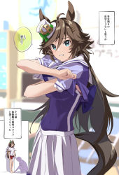 Rule 34 | 1girl, 1other, ahoge, animal ears, blue one-piece swimsuit, breasts, brown hair, covered navel, extra, green eyes, gym uniform, hair between eyes, hair ornament, hairclip, hat, horse ears, horse girl, horse tail, indoors, long hair, looking at viewer, medium breasts, mini hat, mini top hat, misu kasumi, mr. c.b. (umamusume), one-piece swimsuit, purple shirt, school swimsuit, school uniform, serafuku, shirt, short shorts, short sleeves, shorts, speech bubble, standing, swimsuit, swimsuit under clothes, tail, top hat, tracen school uniform, translation request, umamusume, undressing, white shirt, | |