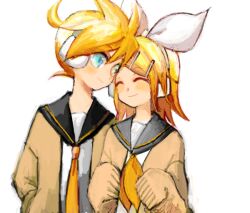 Rule 34 | 1boy, 1girl, bad drawr id, bad id, black sailor collar, blonde hair, blue eyes, bow, brother and sister, cardigan, closed eyes, closed mouth, hair bow, hair ornament, hairclip, headphones, kagamine len, kagamine rin, looking at another, michi ta (masquerade), neckerchief, necktie, oekaki, orange neckerchief, orange necktie, sailor collar, school uniform, shirt, short hair, siblings, simple background, sleeves past wrists, smile, treble clef, twins, upper body, vocaloid, white background, white bow
