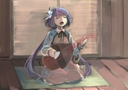 Rule 34 | 1girl, biwa lute, brown dress, chain, cuffs, dress, closed eyes, flower, hair flower, hair ornament, ichiba youichi, instrument, long hair, long sleeves, low twintails, lute (instrument), music, purple hair, shackles, shirt, singing, sitting, solo, touhou, tsukumo benben, twintails, very long hair