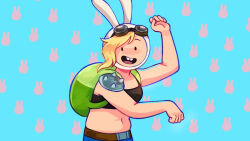Rule 34 | adventure time:fionna and cake, animal ears, backpack, bag, belt, black bra, blonde hair, blue shorts, bra, buck teeth, clenched hands, commentary, easy breezy, eizouken ni wa te wo dasu na!, english commentary, fake animal ears, fionna the human girl, goggles, goggles on head, green bag, highres, looking at viewer, midriff, navel, no shirt, open mouth, rabbit, rabbit ears, round eyewear, shorts, simple background, single shoulder pad, standing, teeth, underwear, winnie62123994