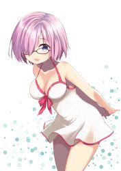 Rule 34 | 1girl, :d, arms behind back, black-framed eyewear, blush, breasts, cleavage, collarbone, dress, fate (series), glasses, hair over one eye, highres, leaning forward, light purple hair, looking at viewer, mash kyrielight, mash kyrielight (swimsuit of perpetual summer), medium breasts, official alternate costume, one-piece swimsuit, open mouth, purple eyes, short hair, smile, solo, standing, swimsuit, thighs, white dress, white one-piece swimsuit, yoshikita popuri
