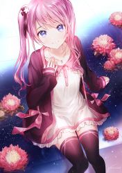 Rule 34 | 1girl, arm support, black jacket, black thighhighs, blush, closed mouth, collarbone, collared dress, commentary, dress, flower, gomzi, hand up, jacket, jewelry, long hair, long sleeves, looking at viewer, open clothes, open jacket, original, pendant, pink hair, purple eyes, red flower, signature, sitting, sleeves past wrists, smile, solo, symbol-only commentary, thighhighs, twintails, very long hair, white dress