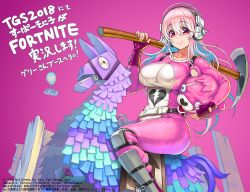 Rule 34 | 1girl, belt, blush, bodysuit, breasts, closed mouth, commentary request, fortnite, headphones, large breasts, long hair, looking at viewer, nitroplus, official art, pickaxe, pinata, pink bodysuit, pink eyes, pink hair, red eyes, riding, shiny skin, skin tight, smile, solo, super sonico, tsuji santa