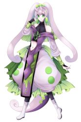 Rule 34 | androgynous, antenna hair, asame21, bad id, bad pixiv id, beads, black legwear, boots, creatures (company), earrings, full body, game freak, gen 6 pokemon, gender request, goodra, green eyes, hair beads, hair ornament, highres, jewelry, long hair, looking at viewer, midriff, navel, nintendo, personification, pokemon, puffy pants, purple hair, solo, standing, tail, white footwear