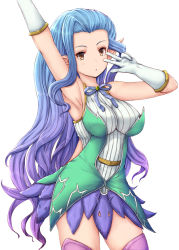 Rule 34 | 1girl, armpits, blue hair, commentary request, granblue fantasy, long hair, looking at viewer, nagi uru, pink thighhighs, pointy ears, simple background, solo, thighhighs, tiamat (granblue fantasy), v, white background