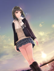 Rule 34 | 1girl, arms at sides, black hair, black socks, blue jacket, blue sky, blurry, breath, brown eyes, cityscape, cloud, day, depth of field, dutch angle, highres, jacket, kneehighs, long sleeves, looking down, looking to the side, medium hair, miniskirt, nayuta69, open clothes, open jacket, original, outdoors, parted lips, plaid, plaid skirt, pleated skirt, scarf, skirt, sky, socks, solo, standing, sunset, sweater, thighhighs, water, white scarf