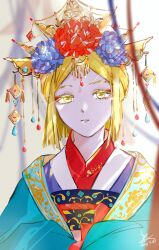 Rule 34 | 1other, alternate costume, alternate hairstyle, androgynous, blonde hair, blue flower, blurry, chinese clothes, closed mouth, depth of field, flower, forehead jewel, grey background, hair flower, hair ornament, half updo, hanfu, highres, houseki no kuni, jacket, jewelry, layered clothes, lipstick, looking at viewer, makeup, other focus, red flower, ribbon, rokipanda, sash, short hair, signature, solo, upper body, yellow diamond (houseki no kuni)