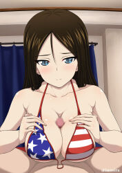 Rule 34 | 1boy, 1girl, american flag, american flag bikini, american flag print, bikini, blue eyes, breasts, breasts squeezed together, brown hair, censored, closed mouth, collarbone, curtains, flag print, girls und panzer, hetero, inoshira, large breasts, long hair, looking at viewer, mosaic censoring, nonna (girls und panzer), paizuri, paizuri under clothes, penis, pov, pov crotch, print bikini, smile, solo focus, straight hair, swimsuit
