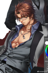 Rule 34 | 1boy, 2boys, abs, anjingkuxiao, bara, beard, belmond banderas, black-framed eyewear, brown eyes, dog tags, facial hair, formal, glasses, grey jacket, grey suit, grey vest, jacket, jewelry, large pectorals, long hair, long sleeves, looking at viewer, male focus, mature male, multiple boys, muscular, muscular male, necklace, nijisanji, partially unbuttoned, pectoral cleavage, pectorals, ponytail, purple shirt, shirt, sideburns, solo focus, stubble, suit, thick eyebrows, undershirt, unfinished, vest, virtual youtuber