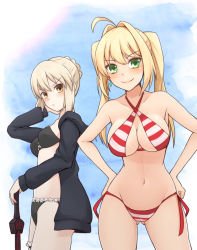 Rule 34 | 2girls, ahoge, artoria pendragon (all), artoria pendragon (alter swimsuit rider) (fate), artoria pendragon (alter swimsuit rider) (second ascension) (fate), artoria pendragon (fate), bikini, black bikini, black jacket, blonde hair, blush, braid, breasts, cowboy shot, earrings, excalibur morgan (fate), fate/grand order, fate (series), frills, frown, gluteal fold, green eyes, hair intakes, hakutakuanta, halterneck, hands on own hips, highres, hood, hooded jacket, jacket, jewelry, large breasts, long hair, looking at viewer, maid, maid bikini, maid headdress, multiple girls, navel, nero claudius (fate), nero claudius (fate) (all), nero claudius (swimsuit caster) (fate), open clothes, open jacket, saber alter, short hair, side-tie bikini bottom, smile, striped bikini, striped clothes, swimsuit, twintails, unconventional maid, yellow eyes
