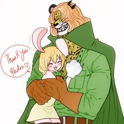 Rule 34 | 1boy, 1girl, ^ ^, age difference, animal ears, animal hands, bare shoulders, blonde hair, blush, brown gloves, cape, carrot (one piece), closed eyes, dress, gloves, green cape, green shirt, happy, legs together, one piece, paw gloves, pedro (one piece), rabbit ears, rabbit girl, shirt, short dress, simple background, size difference, smile, speech bubble, thighhighs, white background, zettai ryouiki