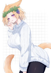 animal_ears black_pantyhose blonde_hair cat_ears cat_girl cat_tail final_fantasy final_fantasy_xiv food-themed_hair_ornament grape_hair_ornament hair_ornament highres looking_at_viewer miqo&#039;te pantyhose purple_eyes ribbed_sweater sana_(sanamaru_0w0) smile sweater tail warrior_of_light_(ff14) white_sweater