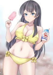 Rule 34 | 1girl, agano (kancolle), bare arms, bare legs, bare shoulders, bikini, black hair, blue eyes, breasts, cleavage, closed mouth, collarbone, cowboy shot, food, highres, holding, holding food, kantai collection, koru pera, large breasts, long hair, navel, popsicle, shaved ice, smile, solo, swimsuit, yellow bikini