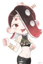 Rule 34 | 1girl, :d, artist name, asymmetrical hair, bare shoulders, black hair, black shirt, blush, bracelet, breasts, cephalopod eyes, circlet, cowboy shot, crop top, ear blush, gradient hair, groin, hair over one eye, highres, horizontal pupils, jewelry, long hair, looking at viewer, medium breasts, multicolored hair, multiple bracelets, navel, nintendo, octoling, open mouth, plum0o0, red eyes, red hair, red pupils, shirt, shiver (splatoon), short eyebrows, signature, simple background, sleeveless, sleeveless shirt, smile, solo, splatoon (series), splatoon 3, suction cups, tentacle hair, tongue, tongue out, two-tone hair, white background