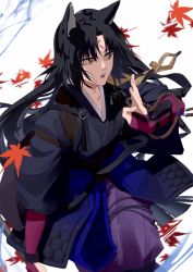 Rule 34 | 1girl, animal ears, arknights, arm up, artist name, black hair, brown eyes, elbow gloves, gloves, highres, japanese clothes, kimono, long hair, looking away, open mouth, petals, purple gloves, saga (arknights), shinoda giri, solo, teeth, twitter username, upper teeth only, white background