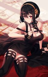 Rule 34 | 1girl, bare shoulders, black dress, black footwear, black gloves, blood, blood on face, blush, boots, breasts, cleavage, closed mouth, dress, earrings, fingerless gloves, gloves, gold hairband, hairband, highres, jewelry, large breasts, looking at viewer, medium hair, red eyes, rimuu, solo, spy x family, thigh boots, thighs, weapon, yor briar