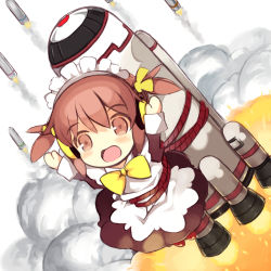 Rule 34 | 1girl, :d, apron, arms up, ballistic missile, black dress, blush, bow, brown eyes, brown hair, dress, hair bow, intercontinental ballistic missile, kurasuke, kurasuke&#039;s maid girl, long sleeves, looking at viewer, maid, maid headdress, missile, open mouth, original, rope, short twintails, sidelocks, smile, solo, tareme, twintails, yellow bow