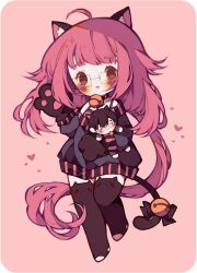 Rule 34 | 1girl, ahoge, animal ear fluff, animal ears, animal hands, bare shoulders, bell, black bow, black choker, black gloves, black hair, black thighhighs, blush, blush stickers, bow, brown eyes, cat ears, cat girl, cat tail, character doll, chibi, choker, commentary, commission, couple, doll, english commentary, eyelashes, glasses, gloves, grey jacket, hand up, heart, hetero, holding, holding doll, jacket, littlebluemuffin, long hair, long sleeves, looking at viewer, low ponytail, neck bell, no shoes, off shoulder, open mouth, orange background, original, painttool sai (medium), paw gloves, photoshop (medium), pink hair, pink tank top, smile, sweater jacket, tail, tail bell, tail bow, tail ornament, tank top, thighhighs, very long hair