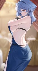 Rule 34 | 1girl, absurdres, ako (blue archive), ako (dress) (blue archive), ass, backless dress, backless outfit, blue archive, blue dress, blue eyes, blue hair, blush, breasts, cuffs, dress, evening gown, highres, large breasts, looking at viewer, official alternate costume, seorang, shackles, sideboob, sideless dress, sideways glance, solo