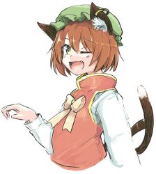 Rule 34 | 1girl, ;d, animal ear fluff, animal ear piercing, animal ears, arm at side, bow, bowtie, brown hair, cat ears, cat tail, chen, commentary request, cropped torso, double-parted bangs, earrings, fang, flat chest, from side, ginnkei, gold trim, green hat, hand up, hat, jewelry, long sleeves, looking at viewer, mob cap, multiple tails, nekomata, one eye closed, open mouth, red vest, short hair, simple background, single earring, smile, solo, tail, touhou, two tails, upper body, vest, white background, yellow bow, yellow bowtie, yellow eyes