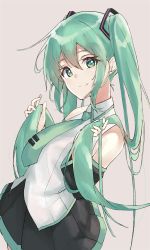 Rule 34 | 1girl, bare shoulders, beige background, black (kbym), black skirt, black sleeves, commentary, cowboy shot, detached sleeves, green eyes, green hair, green necktie, hair ornament, hands up, hatsune miku, highres, holding, holding hair, leaning back, long hair, looking at viewer, miniskirt, necktie, pleated skirt, shirt, simple background, skirt, sleeveless, sleeveless shirt, smile, solo, twintails, very long hair, vocaloid, white shirt