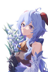 Rule 34 | 1girl, absurdres, ahoge, alohayuja, black gloves, blue hair, bouquet, closed mouth, detached sleeves, flower, ganyu (genshin impact), genshin impact, gloves, hair between eyes, highres, holding, holding bouquet, horns, long hair, long sleeves, purple eyes, simple background, smile, solo, upper body, white background, white flower, white sleeves