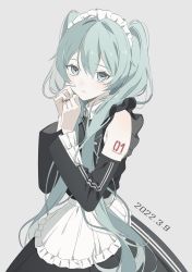 Rule 34 | 1girl, apron, azuki (ckxs7444), black dress, blue eyes, blue hair, commentary request, crying, crying with eyes open, dated, detached sleeves, double vertical stripe, dress, frilled apron, frills, grey background, hatsune miku, highres, long hair, looking at viewer, maid apron, maid headdress, number tattoo, own hands together, shoulder tattoo, simple background, solo, tattoo, tears, twintails, upper body, very long hair, vocaloid, w arms, waist apron, white apron