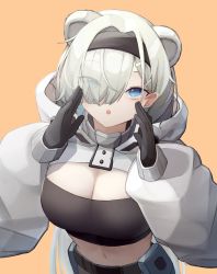 Rule 34 | 1girl, :o, absurdres, arknights, aurora (arknights), aurora (elite ii) (arknights), belt, belt pouch, black gloves, black hairband, blue eyes, breasts, cleavage, commentary, crop top, english commentary, eyes visible through hair, gloves, grey hair, hair intakes, hair ornament, hair over one eye, hairband, hairclip, hands up, highres, large breasts, long hair, long sleeves, navel, open mouth, orange background, pouch, puffy long sleeves, puffy sleeves, simple background, solo, upper body, very long hair, yuu azma
