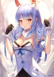 Rule 34 | 1girl, absurdres, angel wings, animal ear fluff, animal ears, black leotard, blue hair, blush, breasts, commentary request, detached sleeves, don-chan (usada pekora), dress, dvdarts, extra ears, feathered wings, halo, hands up, highres, holding, holding hair, hololive, leotard, leotard under clothes, long hair, looking at viewer, medium breasts, parted lips, rabbit ears, red eyes, short eyebrows, short sleeves, solo, thick eyebrows, twitter username, upper body, usada pekora, usada pekora (1st costume), virtual youtuber, white dress, wings