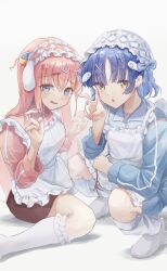 Rule 34 | 2girls, :o, apron, bent v, blue eyes, blue hair, blue jacket, bocchi the rock!, commentary, cross hair ornament, cube hair ornament, double v, feet out of frame, frilled apron, frilled thighhighs, frills, gotoh hitori, gotoh hitori (octopus), hair between eyes, hair ornament, hands up, heart, heart hair ornament, highres, jacket, jersey maid, kneehighs, long hair, long sleeves, looking at another, looking at viewer, maid, maid apron, maid headdress, multiple girls, nervous smile, okome 0310, open mouth, pink hair, pink jacket, short hair, simple background, sitting, smile, socks, squatting, thighhighs, track jacket, unconventional maid, v, white apron, white background, white socks, white thighhighs, x hair ornament, yamada ryo, yellow eyes