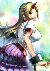 Rule 34 | 1girl, blonde hair, breasts, from side, horns, hoshiguma yuugi, impossible clothes, impossible shirt, large breasts, light smile, long hair, looking back, multicolored background, parted lips, puffy short sleeves, puffy sleeves, purple skirt, red eyes, shirt, short sleeves, single horn, skirt, solo, striped clothes, striped skirt, t-shirt, taut clothes, taut shirt, touhou, umigarasu (kitsune1963), vertical stripes