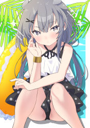 Rule 34 | 1girl, black one-piece swimsuit, bracelet, fake horns, grey eyes, grey hair, hair ornament, horned headwear, horns, i-201 (kancolle), jewelry, kantai collection, long hair, looking at viewer, official alternate costume, one-piece swimsuit, polka dot, polka dot swimsuit, sanninme no haru, sitting, solo, swimsuit, x hair ornament