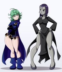 Rule 34 | 2girls, bare legs, boots, breasts, cape, cosplay, crossover, curvy, dc comics, dress, female focus, full body, highres, large breasts, leotard, multiple girls, one-punch man, raven (dc), ravenravenraven, shiny skin, short hair, standing, tatsumaki, teen titans, wide hips