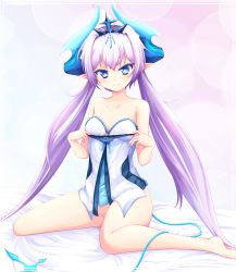 Rule 34 | 1girl, barefoot, bed sheet, blue eyes, bottomless, breasts, c-rabbit, collarbone, elsword, hair between eyes, highres, horns, long hair, luciela r. sourcream, no panties, pointy ears, silver hair, sitting, small breasts, smile, solo, strapless, twintails, very long hair