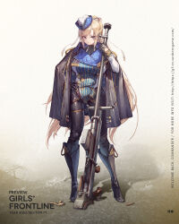 Rule 34 | .55 boys, 1girl, ammunition, anti-materiel cartridge, anti-materiel rifle, anti-tank cartridge, artist request, black eyes, black footwear, black gloves, black jacket, blonde hair, blue hat, boots, boys (girls&#039; frontline), boys anti-tank rifle, braid, bullet, character name, copyright name, french braid, full body, girls&#039; frontline, gloves, gun, half gloves, hand on own hip, hat, highres, holding, holding gun, holding weapon, jacket, jacket on shoulders, knee boots, long hair, long sleeves, looking at viewer, multicolored clothes, multicolored hat, official art, promotional art, rifle, rifle cartridge, sniper rifle, solo, weapon, white hat