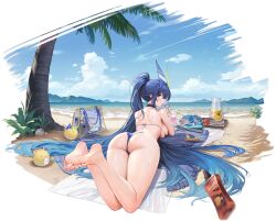 Rule 34 | 1girl, alternate costume, arched back, artist request, ass, azur lane, bag, bare shoulders, barefoot, beach, bikini, bird, blue bikini, blue hair, bottle, breasts, chick, choker, crab, crazy straw, cup, day, drinking straw, feet, feet up, food, from behind, fruit, heart straw, high ponytail, highres, horizon, huge ass, large breasts, legs, long hair, looking at viewer, looking back, lotion, lying, manjuu (azur lane), motion blur, new jersey (azur lane), new jersey (midsummer leisure) (azur lane), non-web source, ocean, official art, on stomach, outdoors, palm tree, picture book, pop-up book, shoulder blades, soles, strawberry, string bikini, swimsuit, tablet pc, thighs, toes, tote bag, tree, underboob, very long hair, water, wet, yostar, zzz